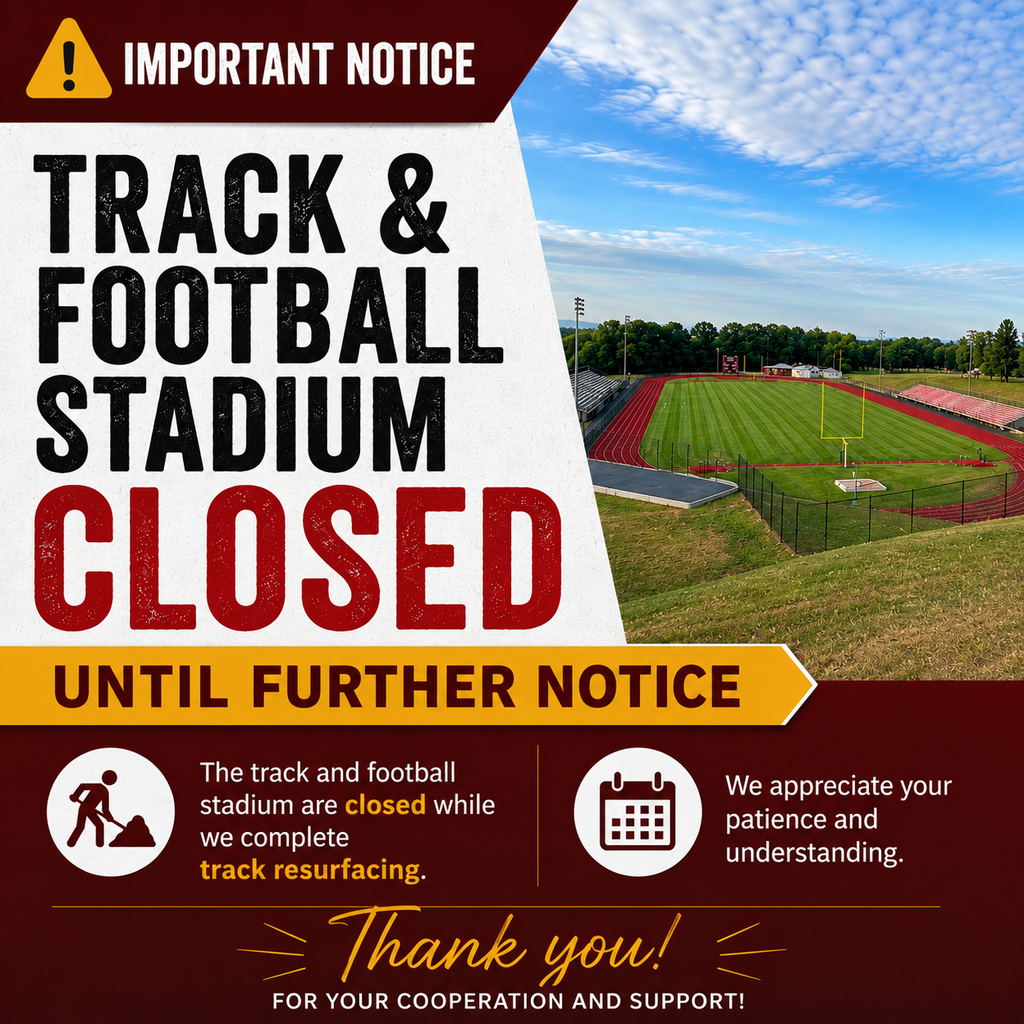 Important notice graphic announcing that the Track and Football Stadium is closed until further notice. The design uses maroon, gold, white, and black colors with a warning icon at the top and a photograph of a football field and running track on the right side. Large headline text reads: “TRACK & FOOTBALL STADIUM CLOSED.” A gold banner underneath states “UNTIL FURTHER NOTICE.” Additional information explains that the track and football stadium are temporarily closed while track resurfacing work is completed. An icon showing construction activity accompanies the message: “The track and football stadium are closed while we complete track resurfacing.” A calendar icon appears next to the statement: “We appreciate your patience and understanding.” At the bottom, a script-style message reads: “Thank you!” followed by “For your cooperation and support!” The overall design conveys a temporary facility closure and asks community members for patience while maintenance work is completed.