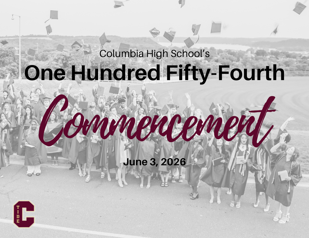 Promotional commencement graphic for Columbia High School’s 154th Commencement. A black-and-white photograph shows graduating students in caps and gowns gathered outdoors, tossing their mortarboards into the air in celebration. Overlaid text reads “Columbia High School’s One Hundred Fifty-Fourth Commencement” with “Commencement” displayed in large maroon script across the center. The date “June 3, 2026” appears below. A maroon-and-gold Columbia “C” logo with the word “Tide” is positioned in the lower-left corner. The background includes a roadway, trees, and a distant body of water.