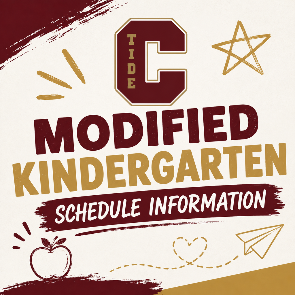 Columbia Borough School District graphic announcing Modified Kindergarten Schedule Information. The design features the Columbia Tide logo centered at the top with maroon and gold school colors throughout. Large headline text reads “Modified Kindergarten Schedule Information.” Decorative school-themed graphics, including an apple, a hand-drawn star, a paper airplane with a dotted flight path, and a heart, surround the text. The background is white with maroon and gold brushstroke accents. The graphic serves as a title image introducing information about the district's modified kindergarten schedule for incoming kindergarten families.