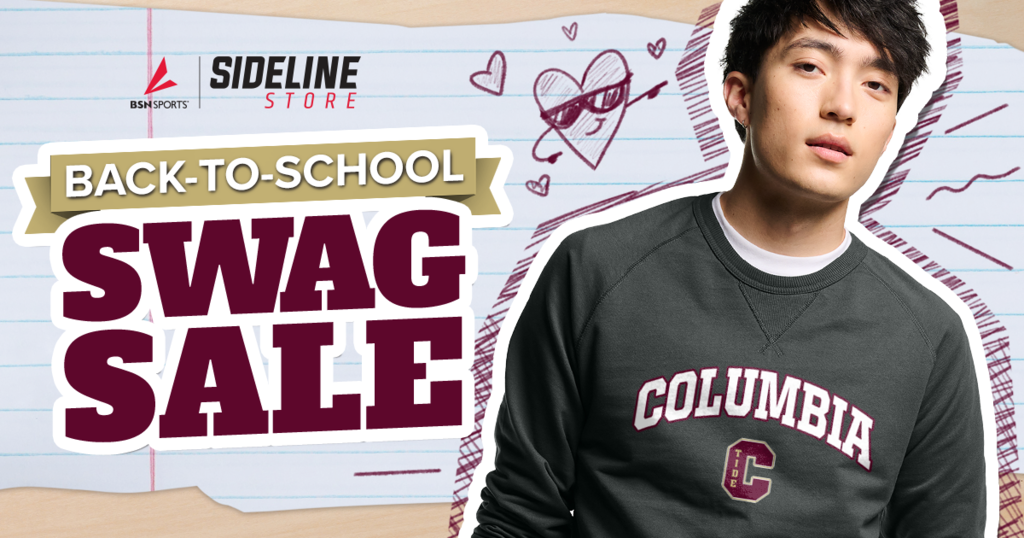Sideline Store back-to-school sale graphic featuring a model wearing a dark Columbia sweatshirt. Large text reads, “Back-to-School Swag Sale,” over a lined notebook-paper background with hand-drawn hearts and doodles.