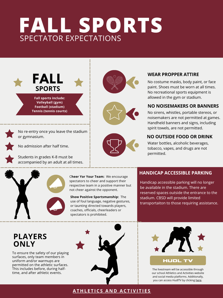 Fall sports spectator expectations flyer with rules for entry, attire, noisemakers, food and drink, positive sportsmanship, athletic-surface access, handicap-accessible parking, and livestream availability.