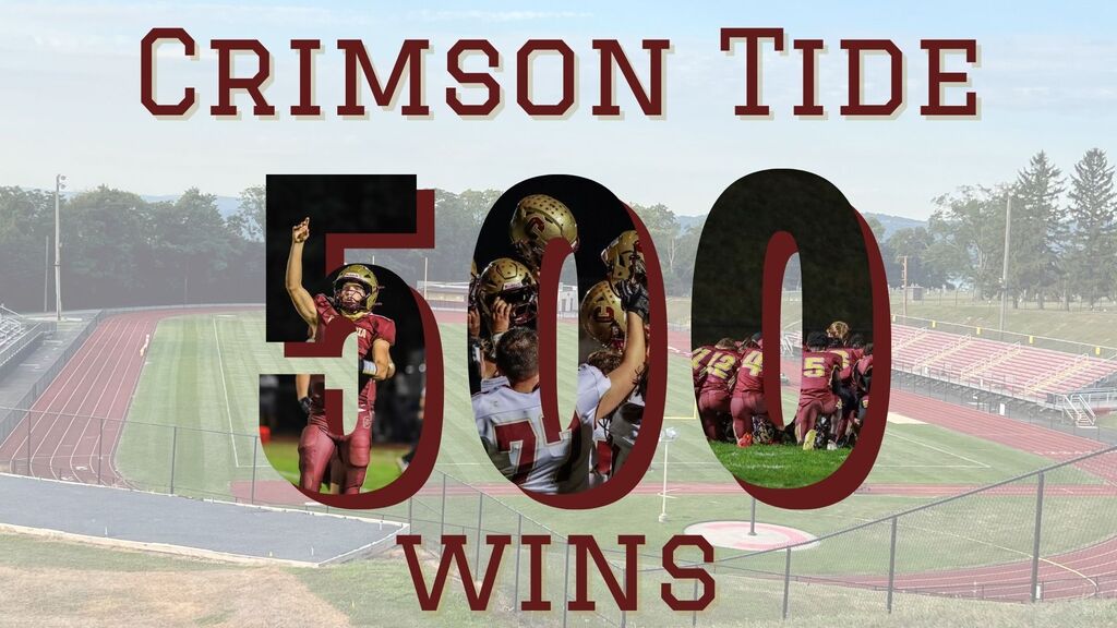 Graphic celebrating Columbia Crimson Tide football’s 500 program wins, with game photos displayed inside the large number “500” over a view of the school stadium.