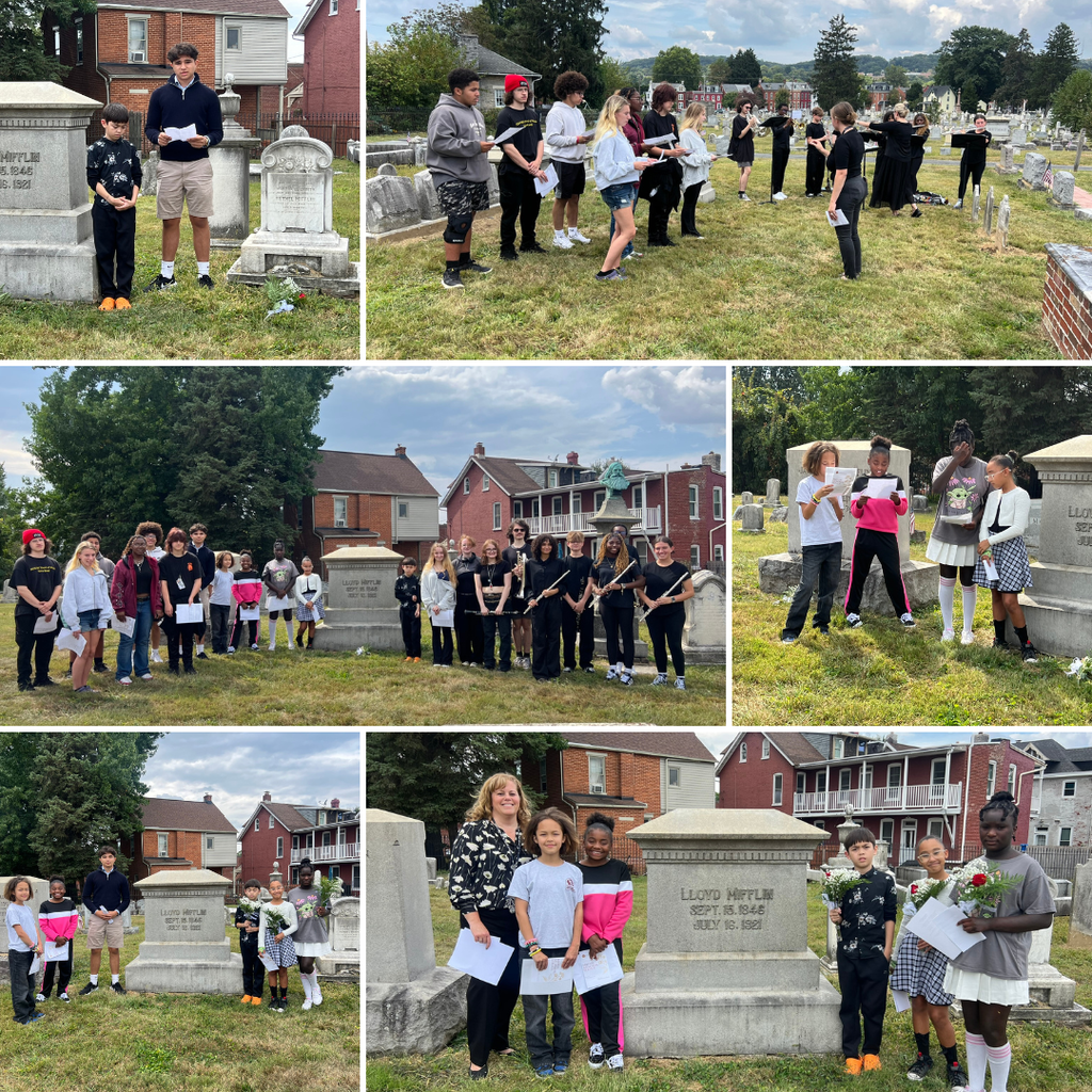 Collage of Columbia Borough School District students and student musicians participating in the annual Mifflin Memorial Service at Mount Bethel Cemetery. Photos show students reading from programs, presenting flowers, standing beside Lloyd Mifflin’s grave marker, and musicians performing among cemetery headstones. The grave marker reads: “Lloyd Mifflin. Sept. 15, 1846. July 16, 1921.” Columbia homes and a cloudy sky appear in the background.