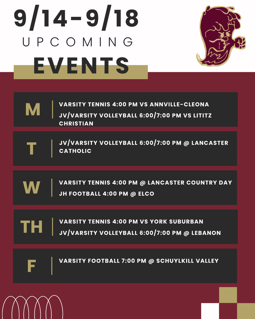 Graphic for Columbia Crimson Tide’s upcoming events, September 14–18. The design features a maroon and gold theme with the Crimson Tide logo. Monday: Varsity tennis vs. Annville-Cleona at 4:00 p.m.; JV/varsity volleyball vs. Lititz Christian at 6:00/7:00 p.m. Tuesday: JV/varsity volleyball at Lancaster Catholic at 6:00/7:00 p.m. Wednesday: Varsity tennis at Lancaster Country Day at 4:00 p.m.; junior high football at ELCO at 4:00 p.m. Thursday: Varsity tennis vs. York Suburban at 4:00 p.m.; JV/varsity volleyball at Lebanon at 6:00/7:00 p.m. Friday: Varsity football at Schuylkill Valley at 7:00 p.m.