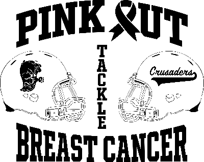 Shirt design included two football helmets, one with the Columbia logo and the other with the Lancaster Catholic Logo. The text reads, "PINK OUT TACKLE BREAST CANCER"