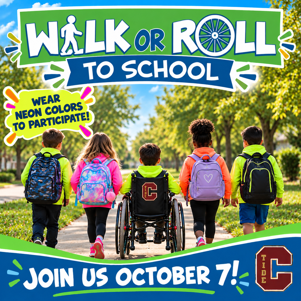 Colorful graphic of five students wearing backpacks walking to school along a tree-lined sidewalk; one student uses a wheelchair with a Columbia “C Tide” logo on the back.  Text reads: “WALK OR ROLL TO SCHOOL”  “WEAR NEON COLORS TO PARTICIPATE!”  “JOIN US OCTOBER 7!”  A Columbia “C Tide” logo appears in the lower-right corner.