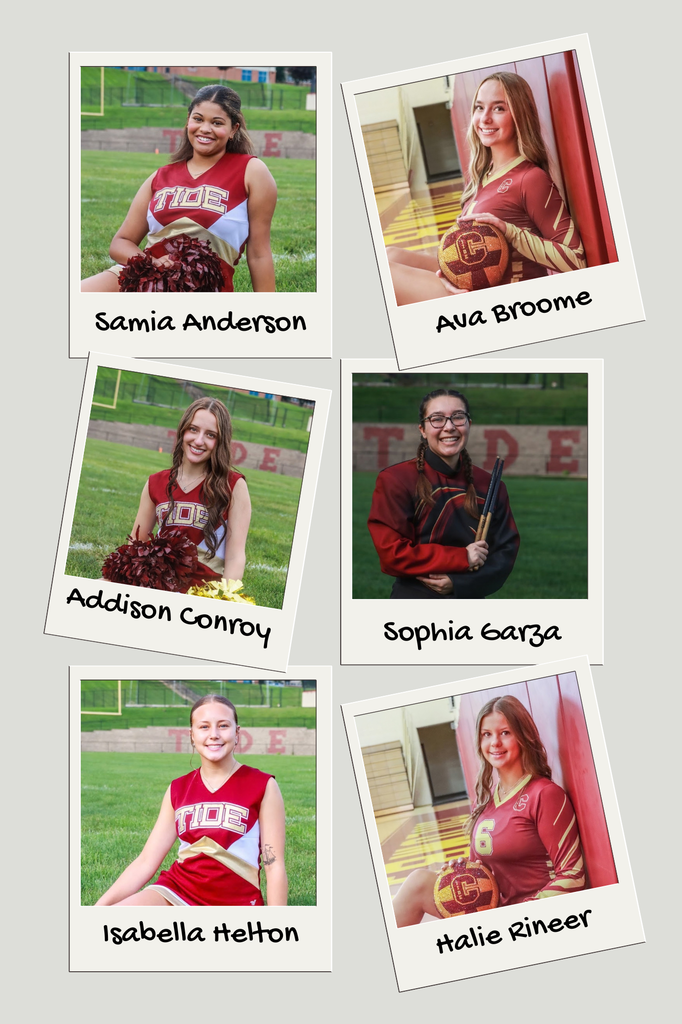 Graphic featuring six Polaroid-style photos of the 2026 Homecoming Court against a light gray background. The students are pictured in Columbia Crimson Tide athletic uniforms or activities attire. Text on the graphic: - Samia Anderson - Ava Broome - Addison Conroy - Sophia Garza - Isabella Helton - Halie Rineer