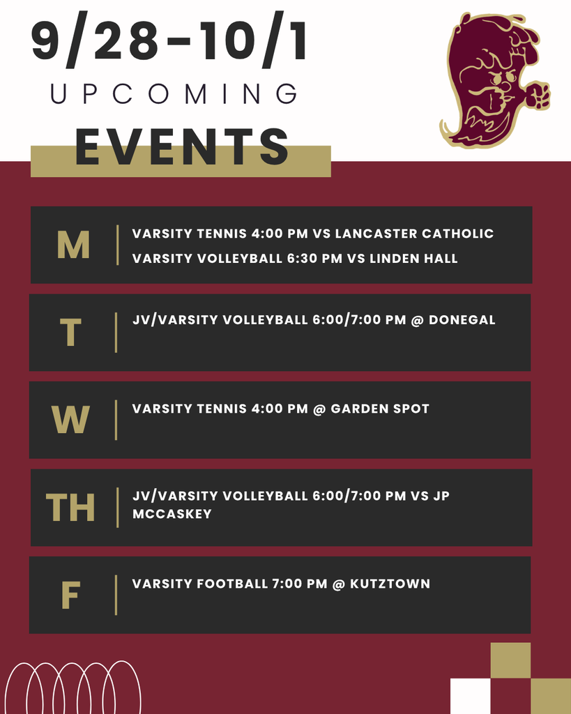  Graphic for Columbia Crimson Tide’s upcoming events, September 28–October 1. The design features maroon, gold, black, and white colors with the Crimson Tide logo.  Monday: Varsity tennis at 4:00 p.m. vs. Lancaster Catholic; varsity volleyball at 6:30 p.m. vs. Linden Hall. Tuesday: JV/varsity volleyball at 6:00/7:00 p.m. at Donegal. Wednesday: Varsity tennis at 4:00 p.m. at Garden Spot. Thursday: JV/varsity volleyball at 6:00/7:00 p.m. vs. JP McCaskey. Friday: Varsity football at 7:00 p.m. at Kutztown.