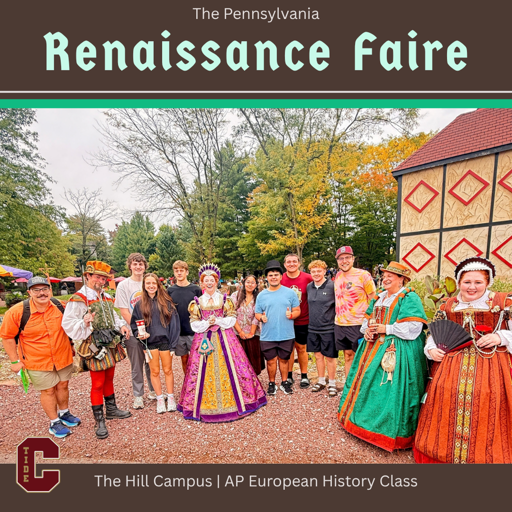 The Pennsylvania Renaissance Faire graphic featuring Hill Campus AP European History students posing with costumed Renaissance performers.