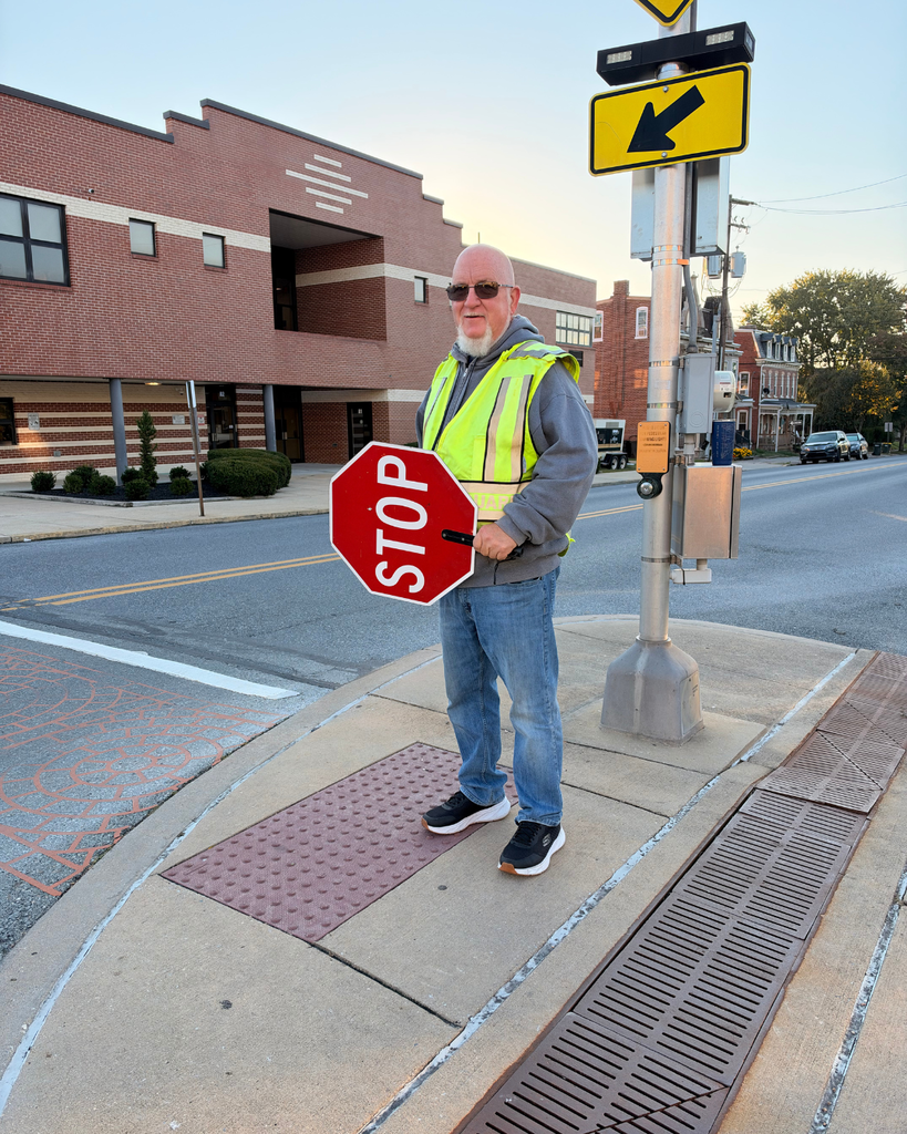 A crossing guard wearing a fluorescent yellow safety vest stands at a curb beside a brick school building, holding a red STOP paddle. A pedestrian crossing signal, yellow directional sign, and quiet street are visible behind him.