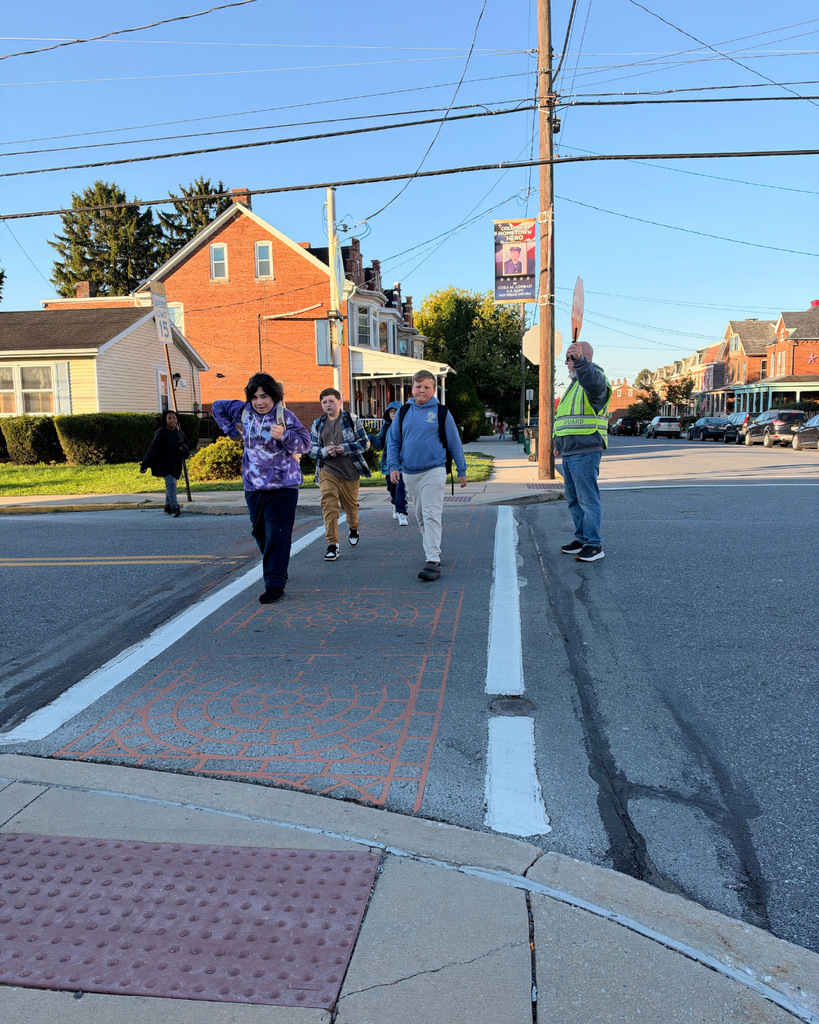 A crossing guard in a fluorescent yellow vest holds up a STOP paddle while several students cross a marked crosswalk in front of brick homes. Overhead utility lines and a school-zone speed-limit sign are visible.