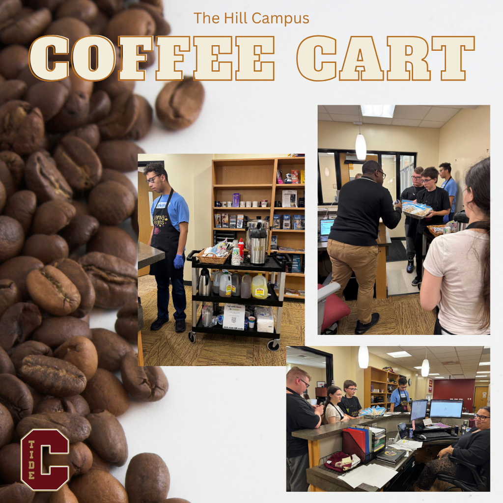 Graphic titled “The Hill Campus Coffee Cart” with coffee beans along the left side and a red and gold Columbia “C” logo. Three photos show students preparing the coffee cart, serving treats, and assisting staff customers.