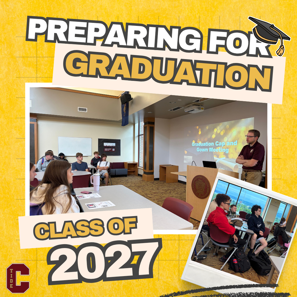 Graphic reading “Preparing for Graduation” and “Class of 2027,” with a graduation cap illustration. Photos show students attending a cap-and-gown meeting while a staff member presents. A Columbia Tide “C” logo appears in the lower-left corner.