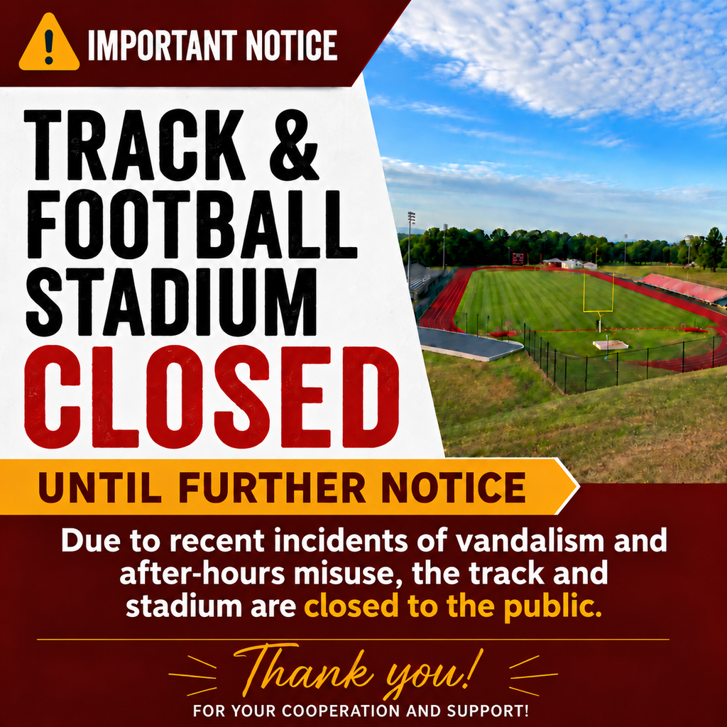 Graphic announcing that the track and football stadium are closed. The design features a maroon, gold, white, and black color scheme. At the top, a yellow warning triangle with an exclamation point appears beside the words “IMPORTANT NOTICE” in white lettering on a maroon background. The left side displays large black text reading “TRACK & FOOTBALL STADIUM” and large red text reading “CLOSED.” The right side shows an aerial photo of a football stadium with a red running track, green field, bleachers, goalposts, and a blue sky.  A gold banner across the graphic reads “UNTIL FURTHER NOTICE.” Below, centered white and gold text reads: “Due to recent incidents of vandalism and after-hours misuse, the track and stadium are closed to the public.” The words “closed to the public” are gold. At the bottom, gold script reads “Thank you!” followed by white text: “FOR YOUR COOPERATION AND SUPPORT!”