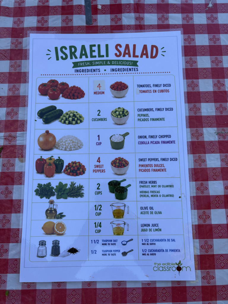 An Israeli salad recipe poster displays ingredients and measurements, including tomatoes, cucumbers, onions, sweet peppers, fresh herbs, olive oil, lemon juice, salt, and pepper.