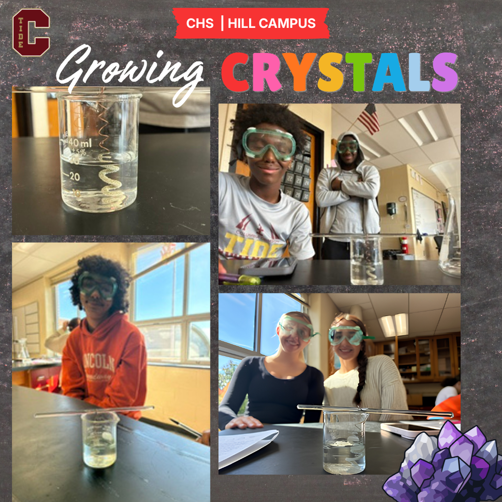 CHS Hill Campus graphic titled “Growing Crystals.” Photos show chemistry students wearing safety goggles and observing beakers of growing crystals in the lab, with a crystal illustration in the lower corner.