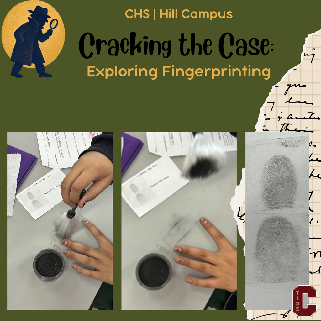 CHS Hill Campus graphic titled “Cracking the Case: Exploring Fingerprinting.” A detective silhouette with a magnifying glass appears beside photos of students dusting and lifting fingerprints, along with close-up prints on a fingerprint card. A CHS C logo appears in the lower corner.