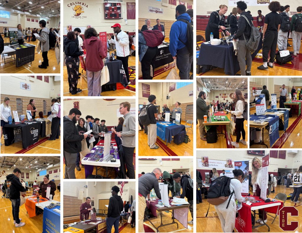 Collage of CHS students speaking with college and career representatives at tables throughout the school gym during a College and Career Fair.