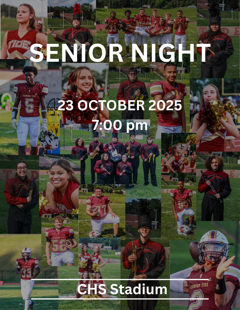 Collage of Columbia High School Crimson Tide seniors in football, cheerleading, and marching band uniforms. Text reads: “Senior Night,” “23 October 2025,” “7:00 pm,” and “CHS Stadium.”
