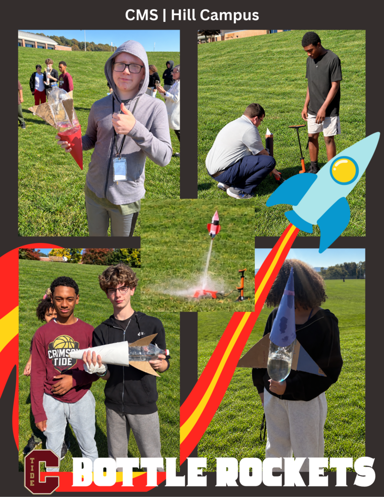 CMS Hill Campus bottle rocket collage showing students holding handmade rockets, preparing a launch pad, and watching a rocket launch on the school lawn. Text reads “CMS | Hill Campus” and “Bottle Rockets,” with a rocket illustration and red-and-yellow design accents.