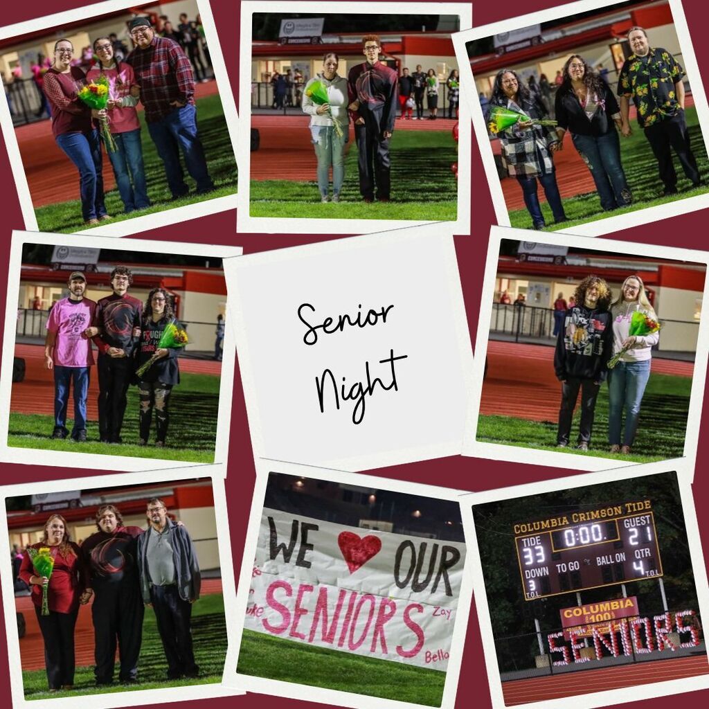 Band seniors pose with family members during Senior Night; the scoreboard shows Columbia 33, Guest 21.