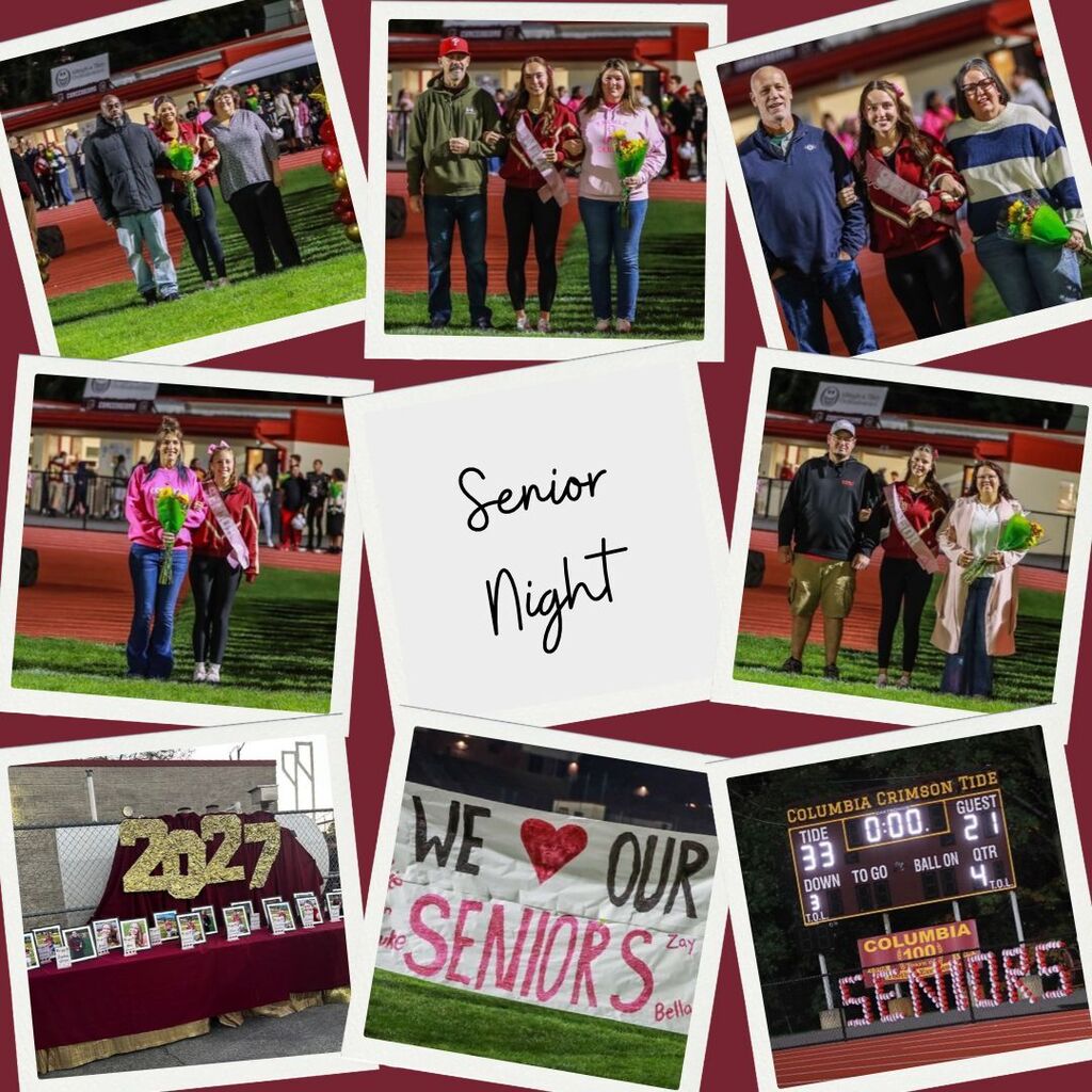 Cheer seniors pose with family members during Senior Night; signs celebrate the Class of 2027, and the scoreboard shows Columbia 33, Guest 21.