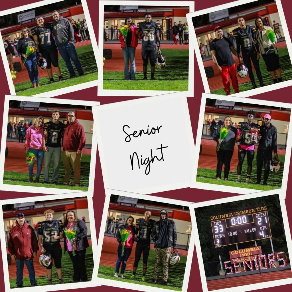 Football seniors pose with family members during Senior Night; scoreboard shows Columbia 33, Guest 21.