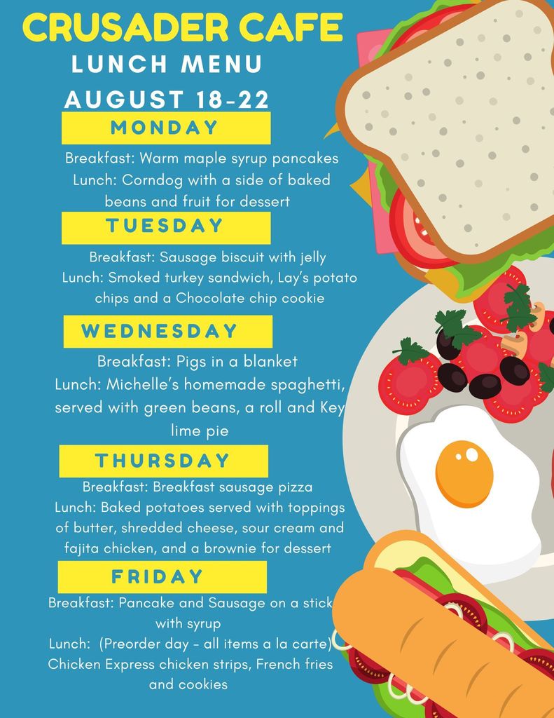 Crusader Cafe Menu for August 18-22