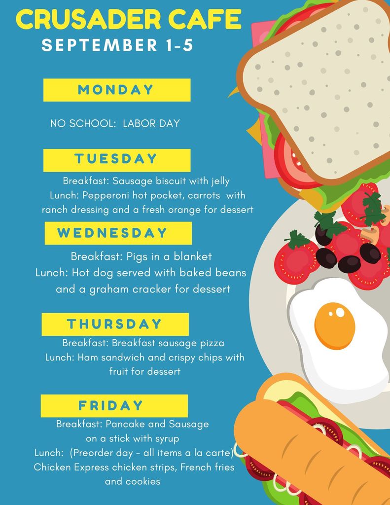 Crusader Cafe menu for Sept 1-5