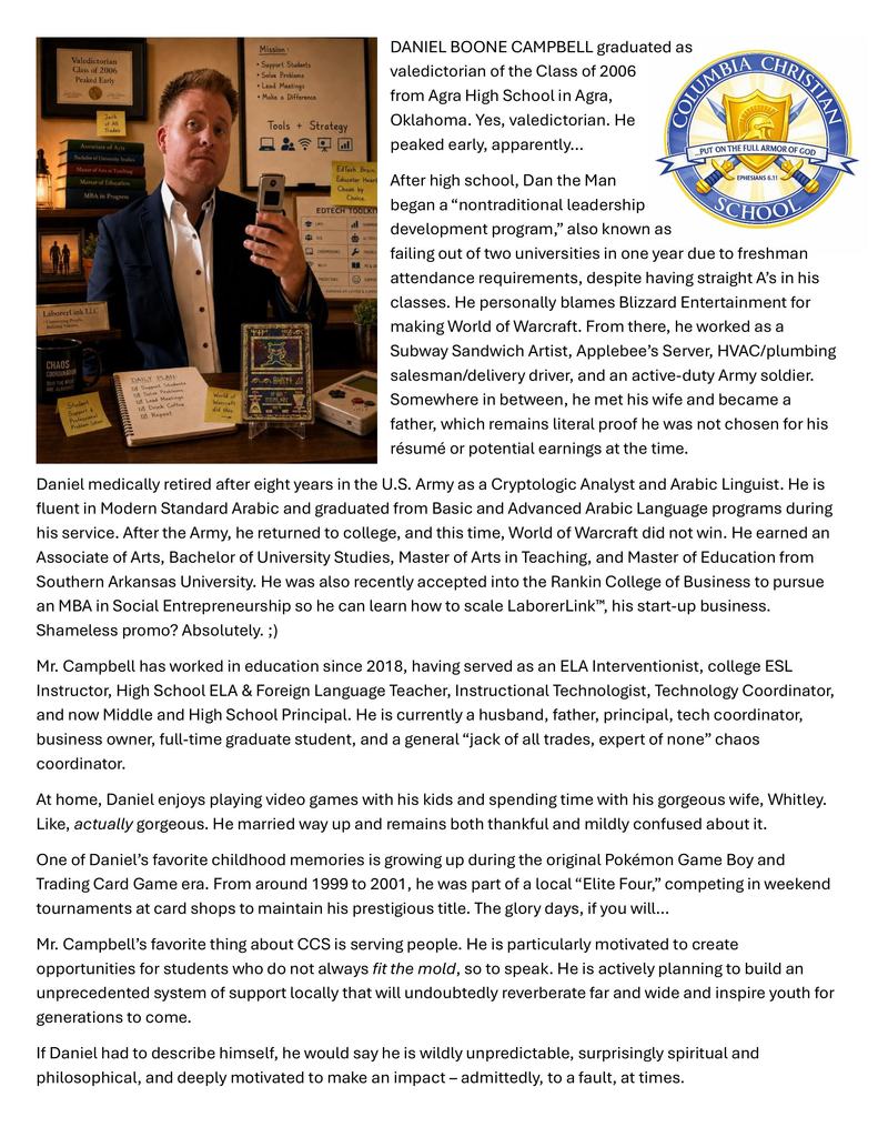 The image includes a CCS faculty member's headshot picture with coinciding biographical information
