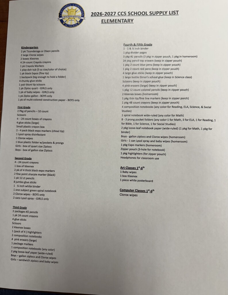 school supply lists
