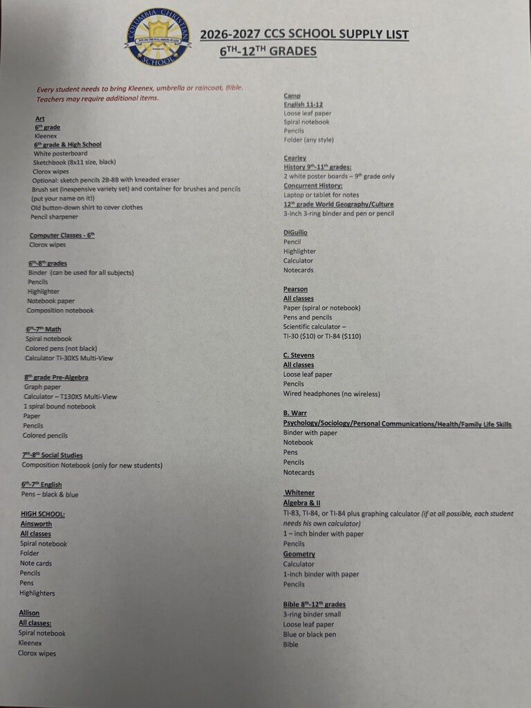 school supply lists