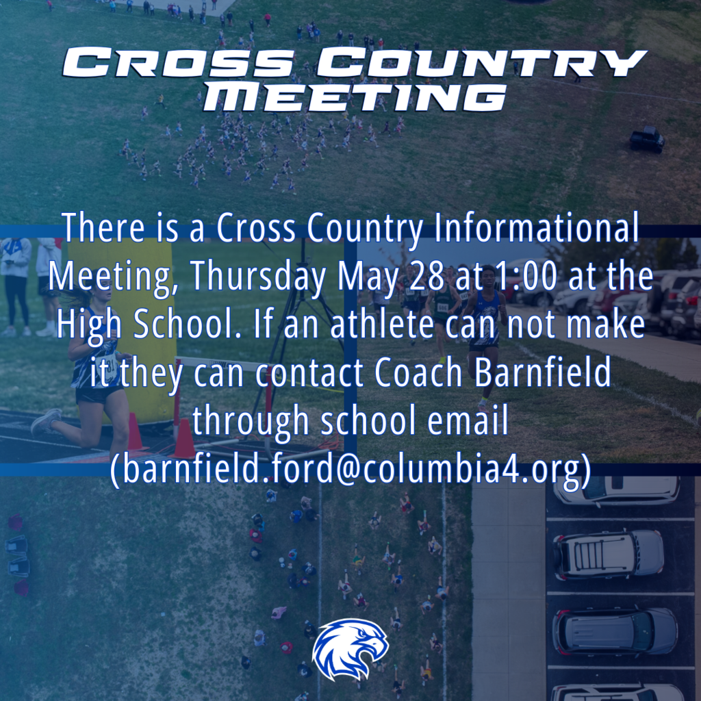 The image shows information for an upcoming Cross Country meeting, May 28th at CHS.