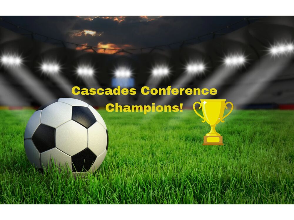Cascades Conference Champions, picture of soccer ball and trophy on a field