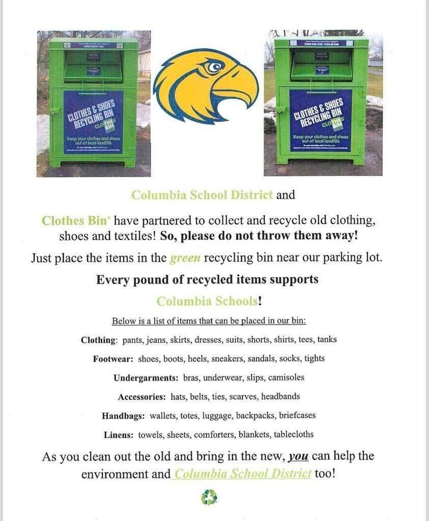 Recycle old clothing, textiles, and shoes at Options HS or our Columbia Elementary Campus