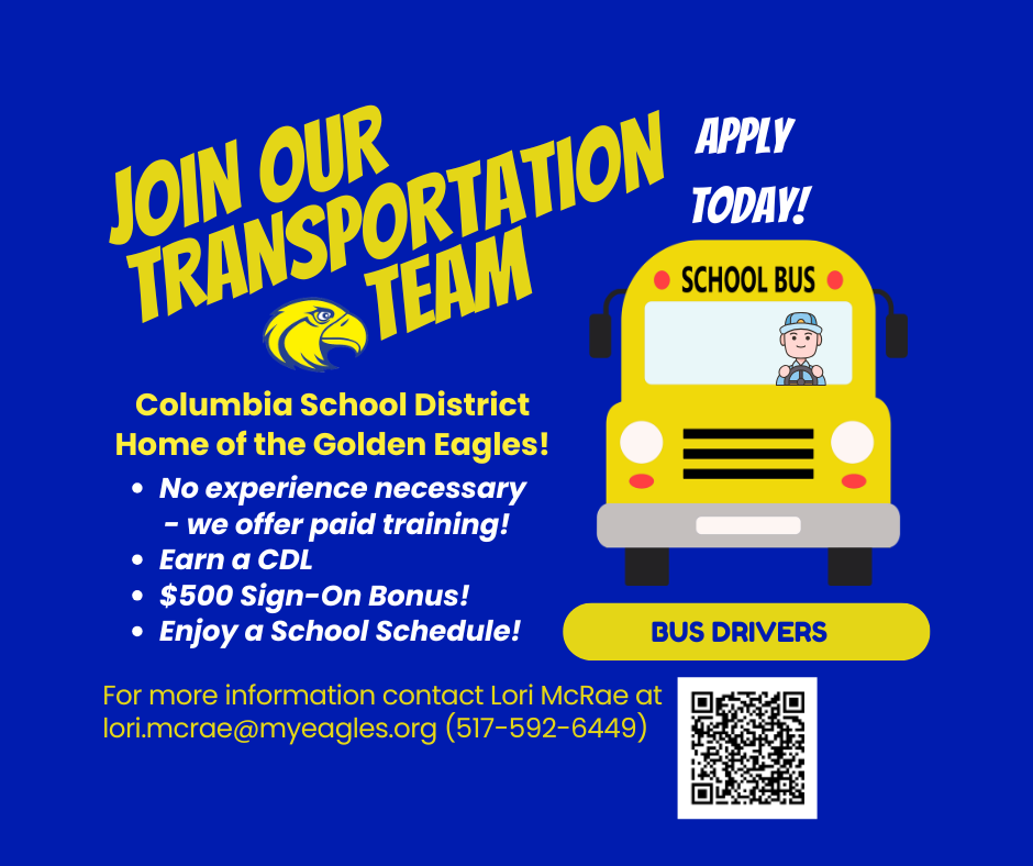 Join Our Transportation Team photo of bus, qr code for more information