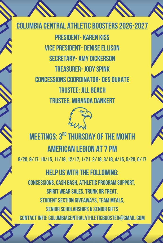 Athletic Boosters flyer with board members names and dates for the meeting:  8/20, 9/17, 10/15, 11/19, 12/17, 1/21, 2/18, 3/18, 4/15, 5/20, 6/17. Also contains a list of activities  they are involved in .