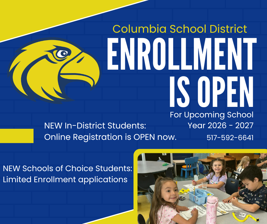 Open Enrollment flyer for new students for the 2026-2027 school year. 
