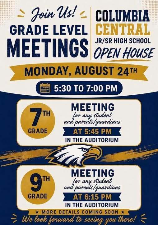 CC Jr/Sr HS Open house Monday August 24th from  5:30-7 pm with 7th grade meeting at 5:45 pm and 9th grade meeting  at 6:15 pm 