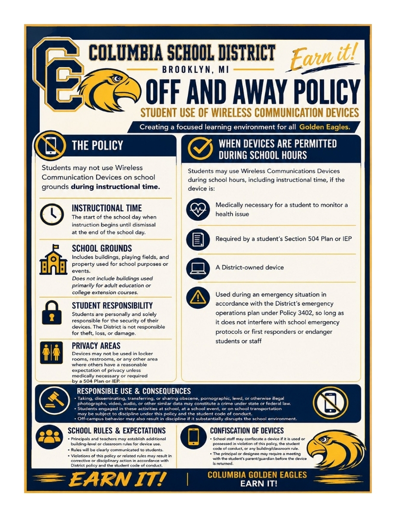Off and Away Policy.  Students may not use Wireless Communication Devices on School Grounds during Instructional Time.