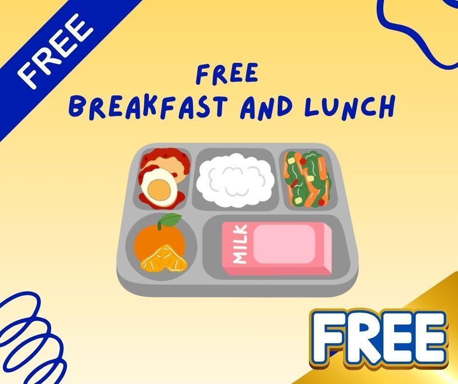 Free breakfast and lunch with picture of school tray with food and milk