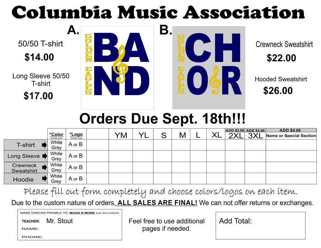 Band and Choir Shirt Sale Due Sept. 18th