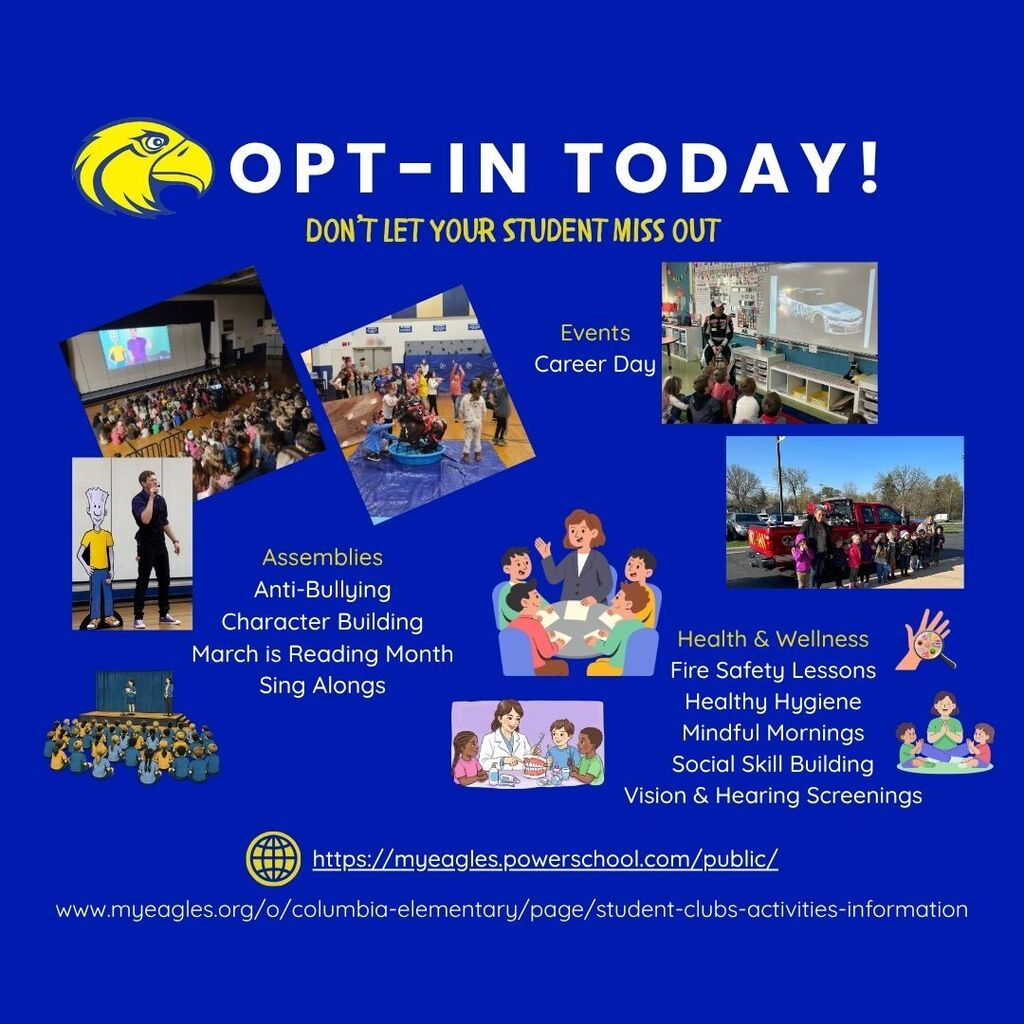 Pictures of various activites (assemblies, events like career day, and health & wellness activities) that require opt-in to be completed.