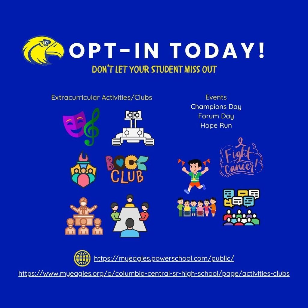 Pictures of various activities (club, events like theater, robotics, book club, hope run, forum day, and champions day.career day, and health & wellness activities) that require opt-in to be completed.