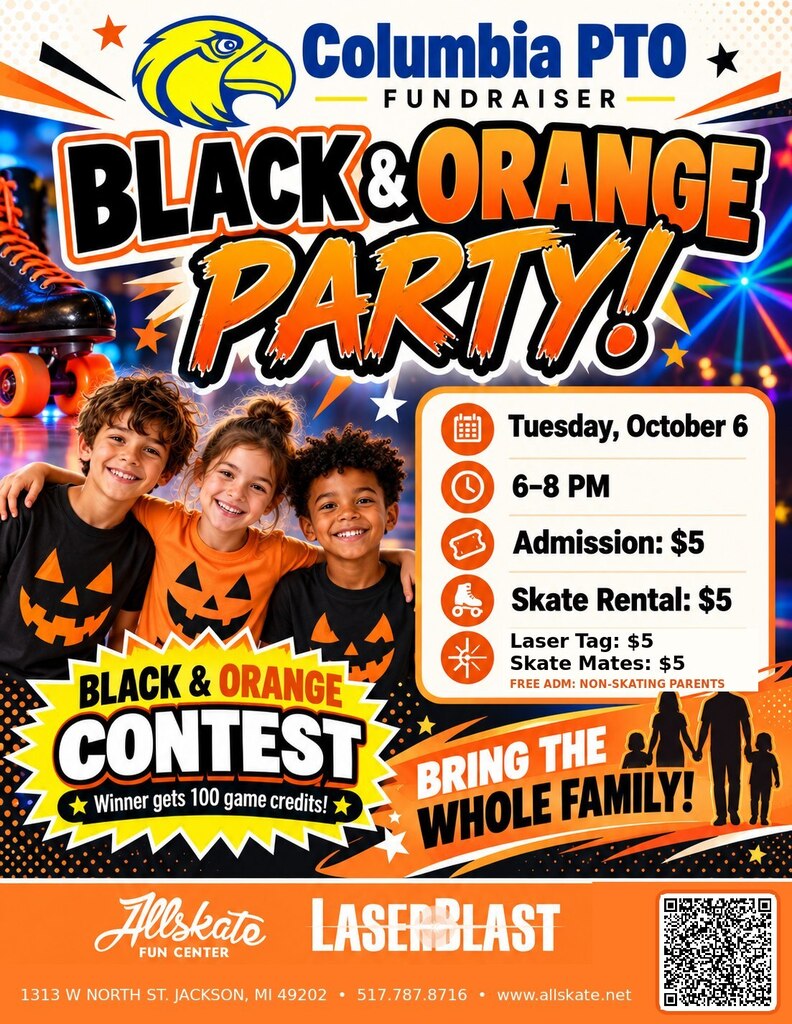 Allskate Black and Orange Party Tues Oct. 6 from 6-8 pm.  Admission $5 and Skate Rental $5
