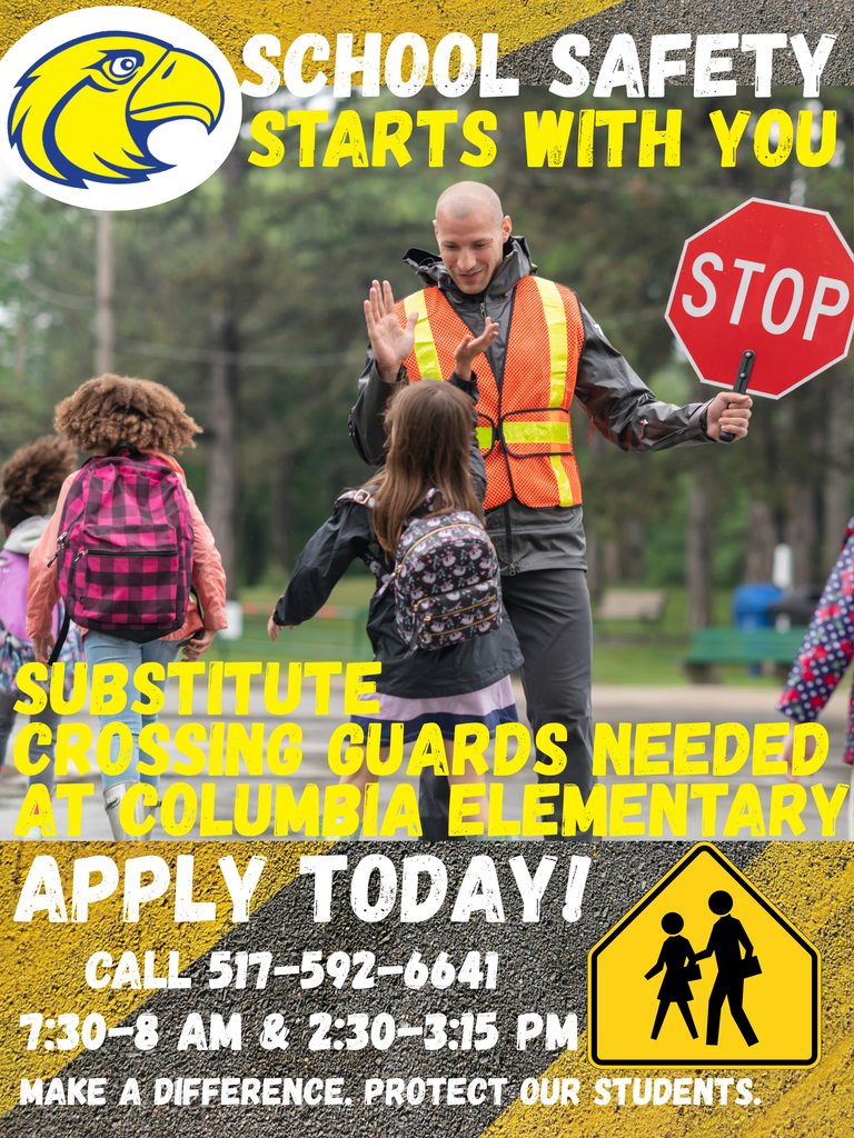 Substitute Cross guards needed at Columbia Elementary. Picture of a crossing guard helping student across the street.
