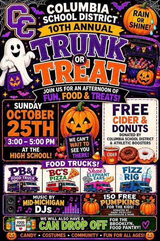 Trunk or Treat flyer at Columbia Central High School Sunday October 25th from 3-5 pm, free donuts and cider. 150 free pumpkins. Food trucks.