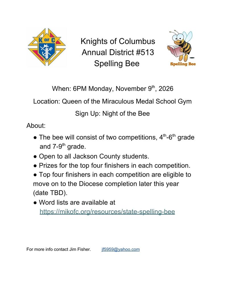 Knights of Columbus hosting spelling bee, Nov 9th, grades 4-9.