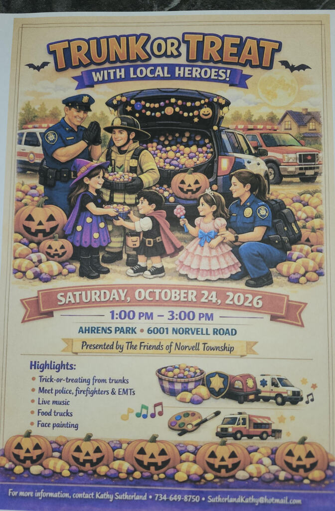 Norvell Trunk or Treat Flyer, Meet the police and firefighters, music, food trucks, and face painting