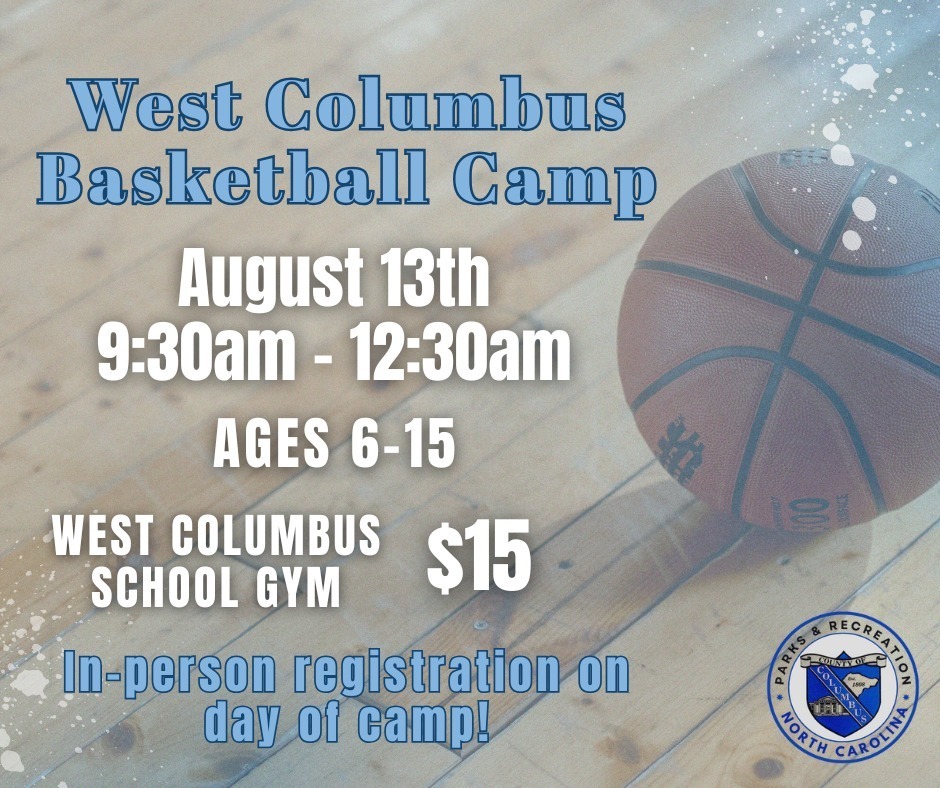 basketball camp flyer with basketball on gym floor